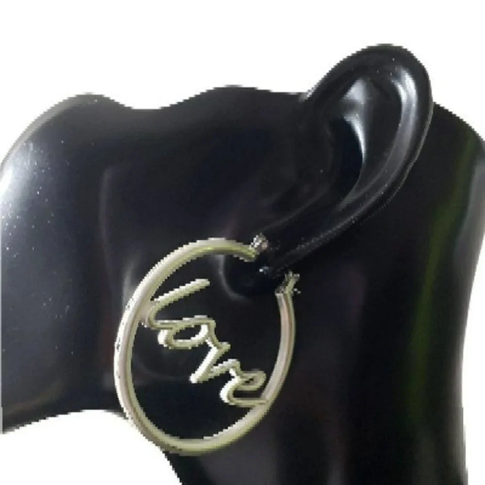 Womens Matte Silver LOVE Letter Hoop Circle Latch Earrings Casual Party Jewelry - Picture 1 of 4